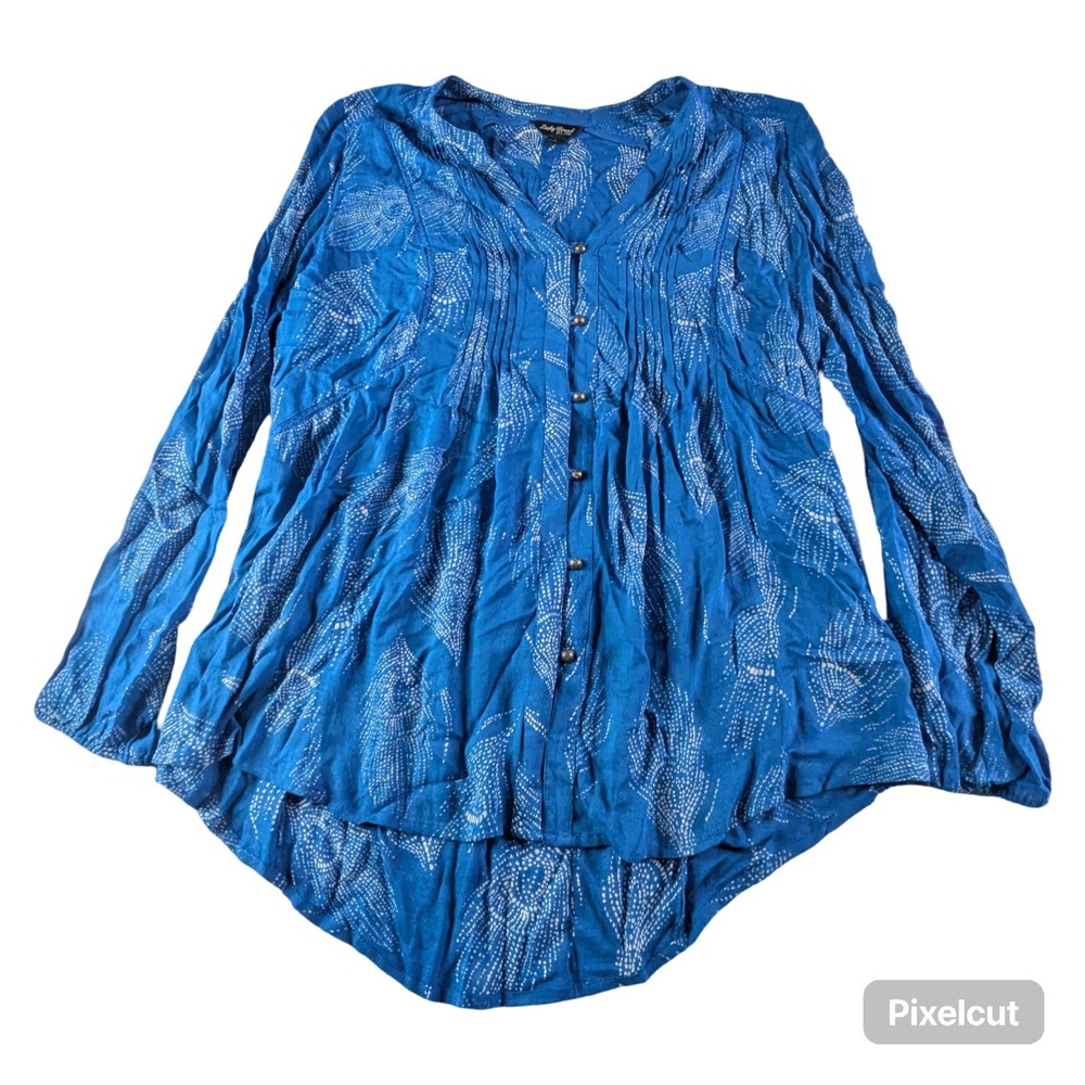 Lucky Brand Blue Boho Pintuck Button Front Blouse Large Abstract Dotted Print